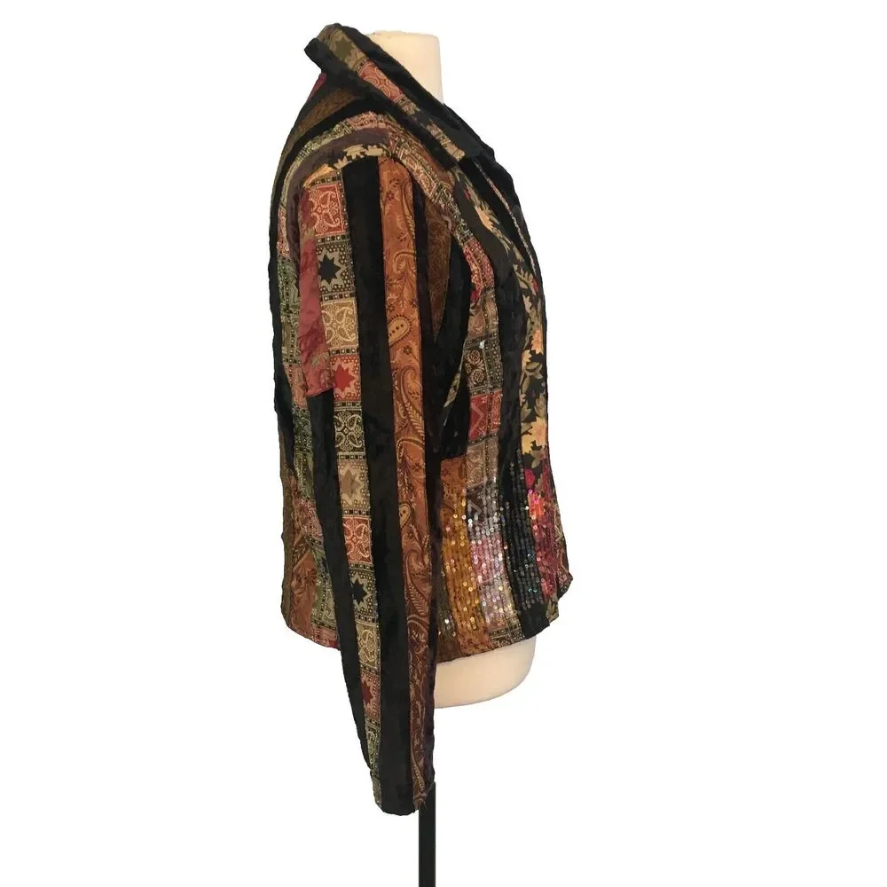 Coldwater Creek Womens Tapestry & Black Velvet Patchwork‎ Shirt Jacket, Boho, PS